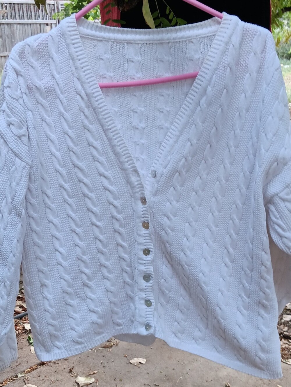 Womens Cream Cable Knit Button-Up V-Neck Cardigan Sweater Size L